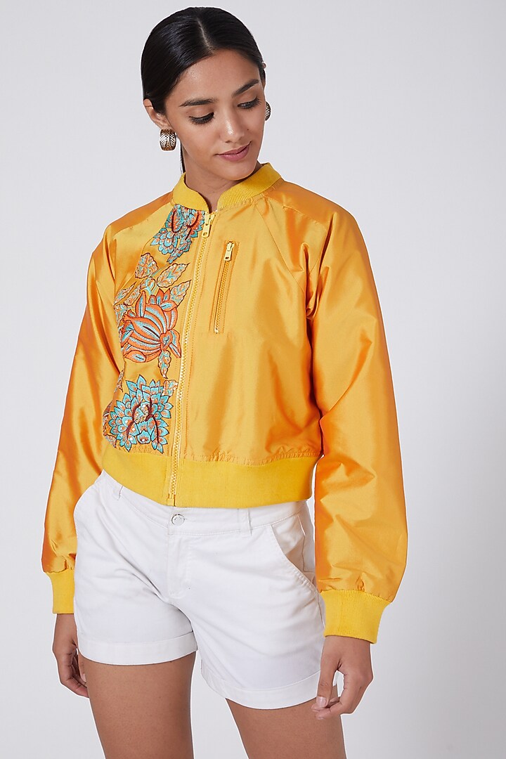 Yellow Embroidered Bomber Jacket by Ava Designs at Pernia's Pop Up Shop