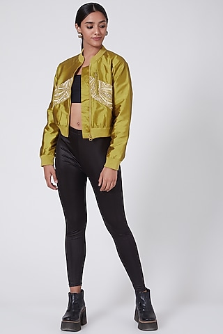 Mustard Embellished Bomber Jacket by Ava Designs