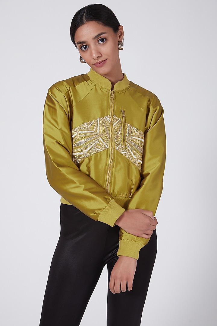 Mustard Embellished Bomber Jacket by Ava Designs at Pernia's Pop Up Shop