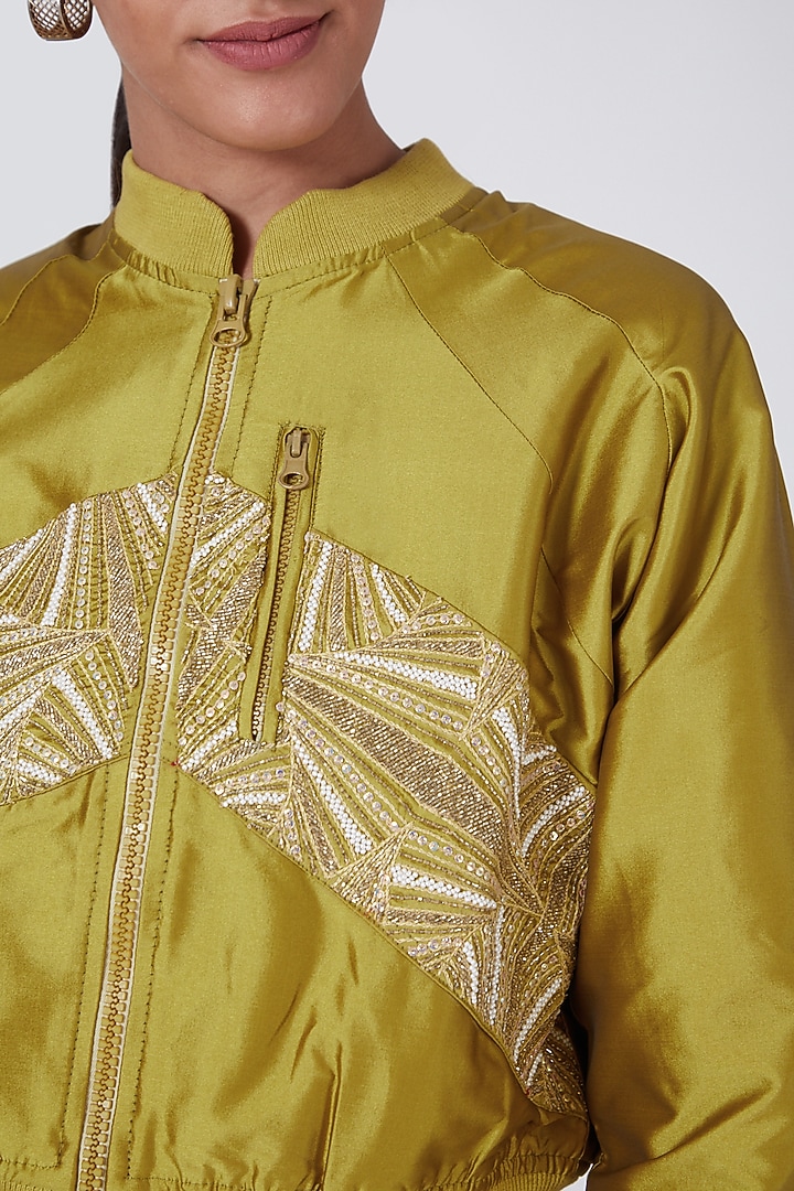 Mustard Embellished Bomber Jacket by Ava Designs at Pernia's Pop Up Shop