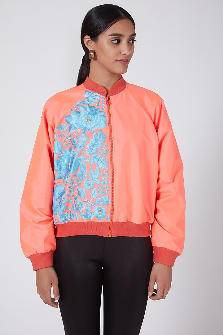 Pink Embroidered Bomber Jacket by Ava Designs at Pernia's Pop Up Shop