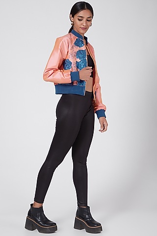 Pink & Blue Embroidered Bomber Jacket by Ava Designs