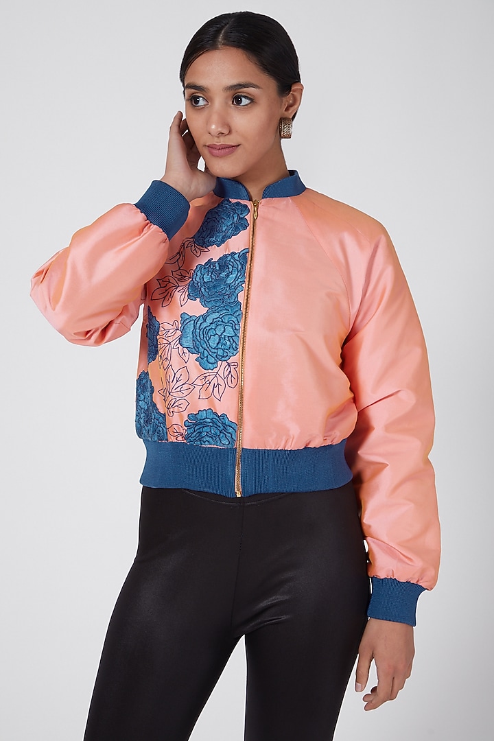 Pink & Blue Embroidered Bomber Jacket by Ava Designs at Pernia's Pop Up Shop