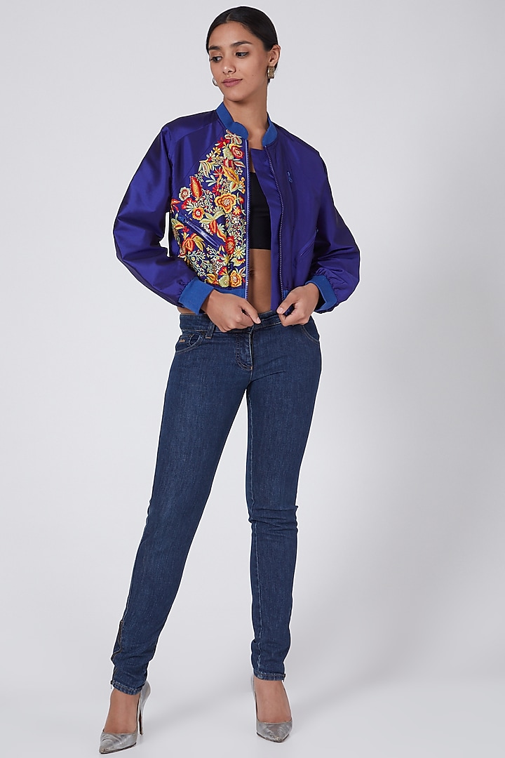 Royal Blue Embroidered Bomber Jacket by Ava Designs