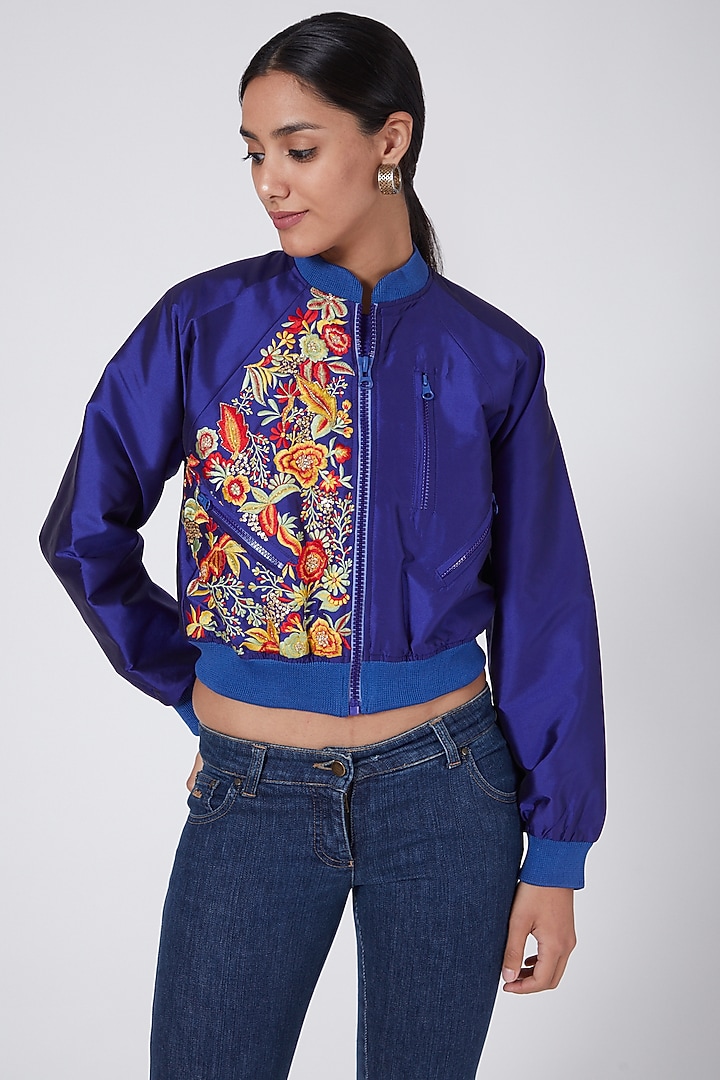 Royal Blue Embroidered Bomber Jacket by Ava Designs at Pernia's Pop Up Shop
