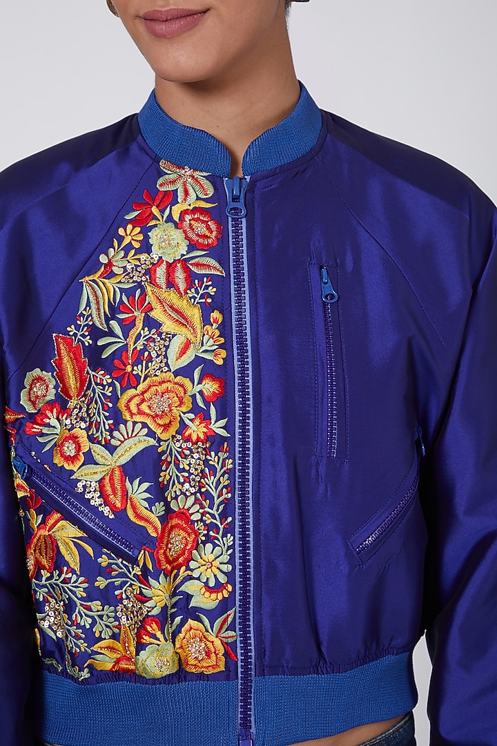 Royal Blue Embroidered Bomber Jacket by Ava Designs at Pernia's Pop Up Shop