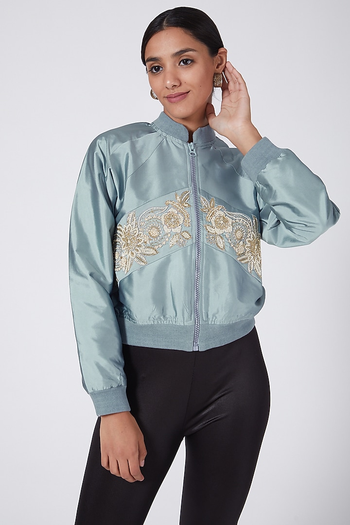 Grey Hand Embellished Bomber Jacket by Ava Designs at Pernia's Pop Up Shop