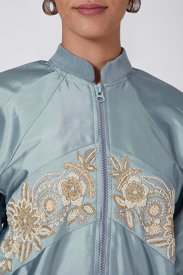 Grey Hand Embellished Bomber Jacket by Ava Designs at Pernia's Pop Up Shop