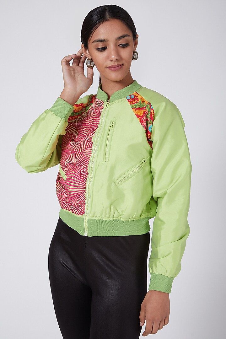 Green Embroidered Bomber Jacket by Ava Designs at Pernia's Pop Up Shop