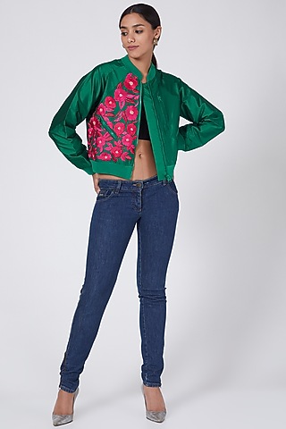 Green Embroidered Bomber Jacket by Ava Designs