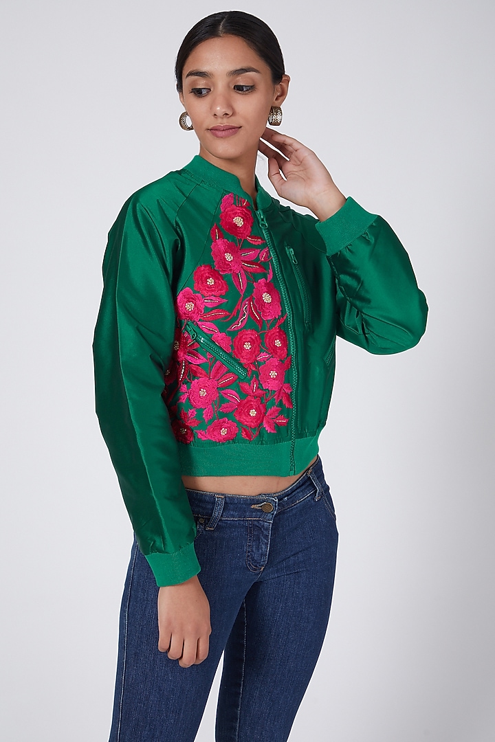 Green Embroidered Bomber Jacket by Ava Designs at Pernia's Pop Up Shop