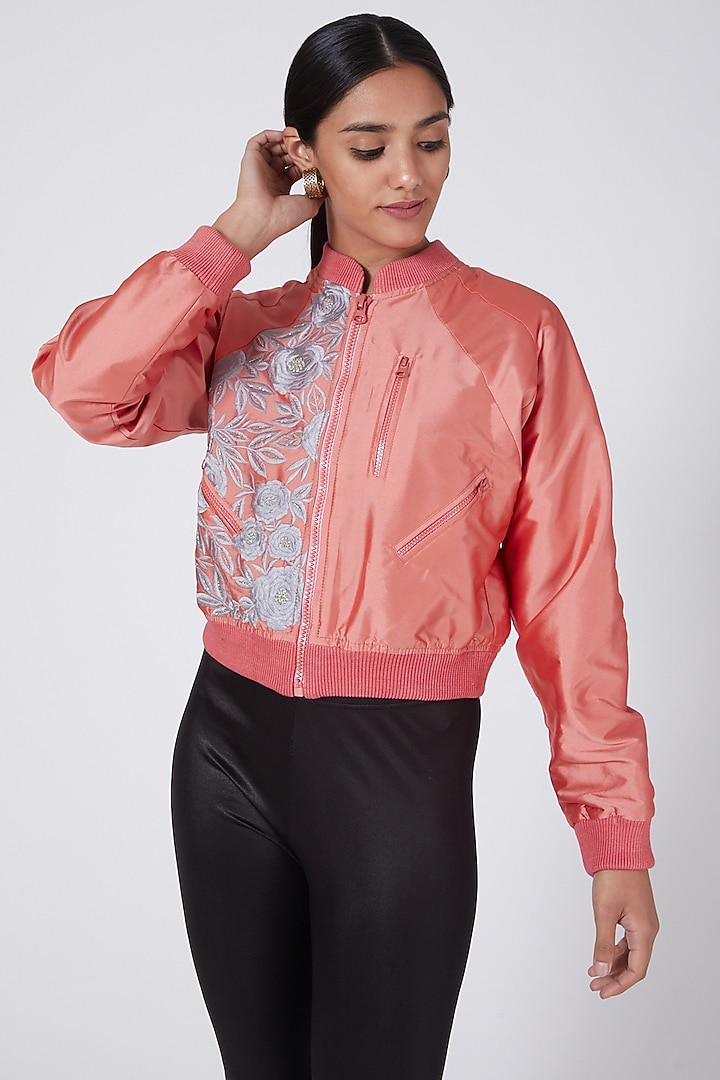 Light Pink Embroidered Bomber Jacket by Ava Designs at Pernia's Pop Up Shop