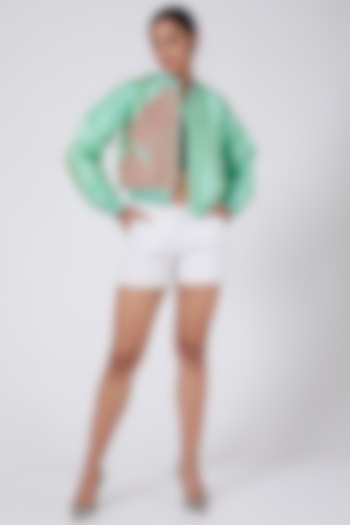 Light Green Embroidered Bomber Jacket by Ava Designs