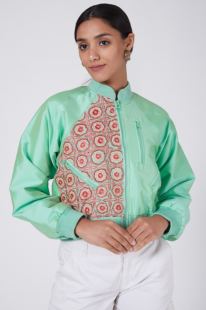 Light Green Embroidered Bomber Jacket by Ava Designs at Pernia's Pop Up Shop