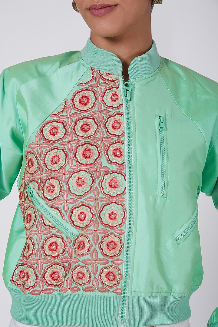 Light Green Embroidered Bomber Jacket by Ava Designs at Pernia's Pop Up Shop