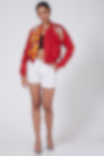 Red Embroidered Bomber Jacket by Ava Designs