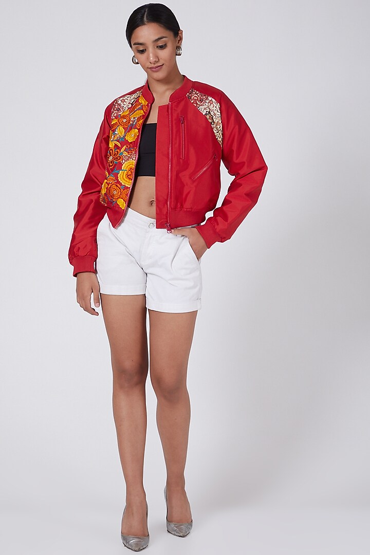 Red Embroidered Bomber Jacket by Ava Designs