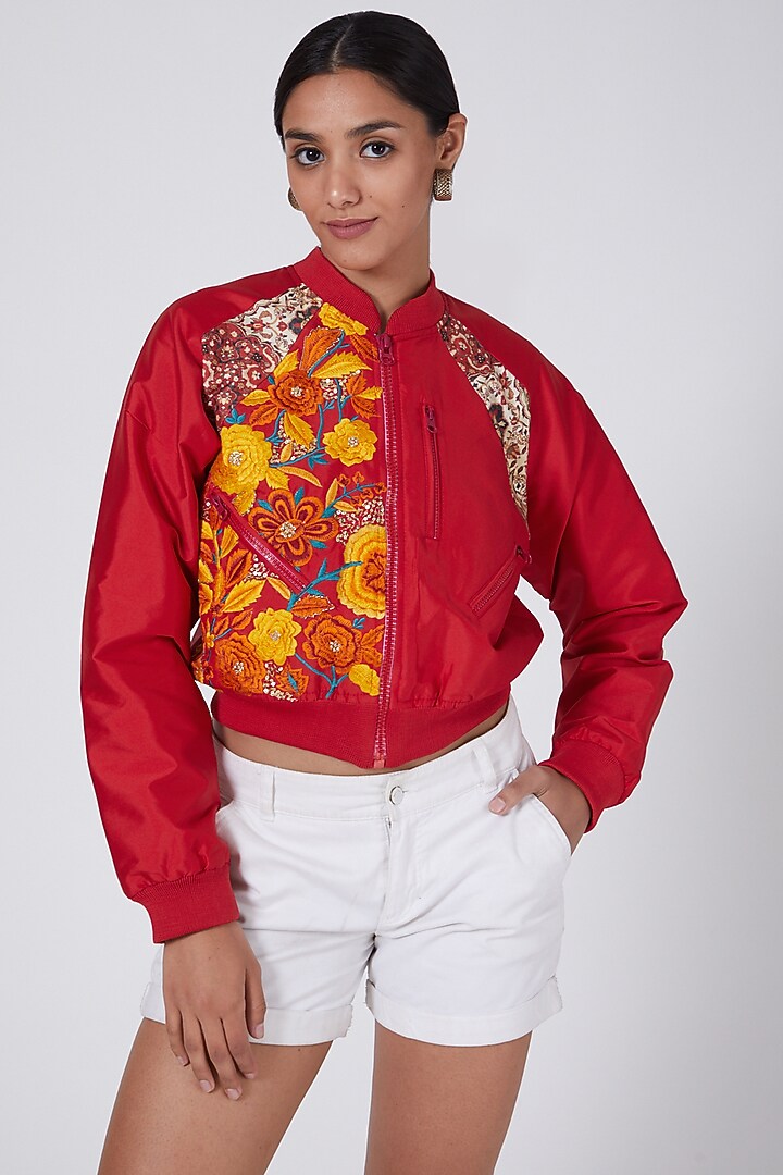 Red Embroidered Bomber Jacket by Ava Designs at Pernia's Pop Up Shop