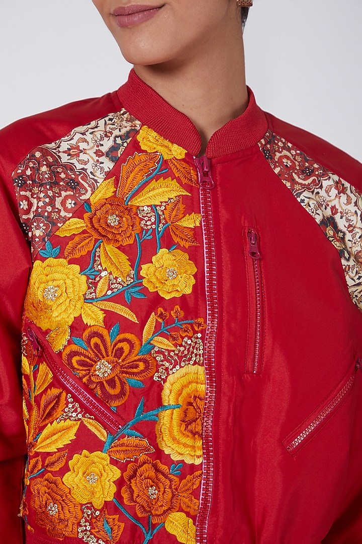 Red Embroidered Bomber Jacket by Ava Designs at Pernia's Pop Up Shop