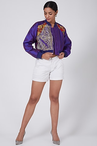Purple Hand Embellished Bomber Jacket by Ava Designs