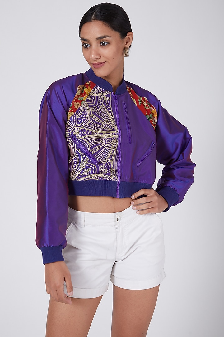 Purple Hand Embellished Bomber Jacket by Ava Designs at Pernia's Pop Up Shop