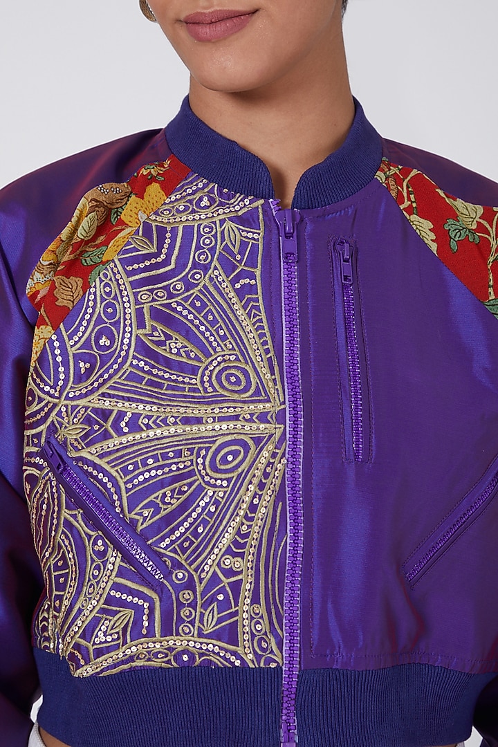 Purple Hand Embellished Bomber Jacket by Ava Designs at Pernia's Pop Up Shop