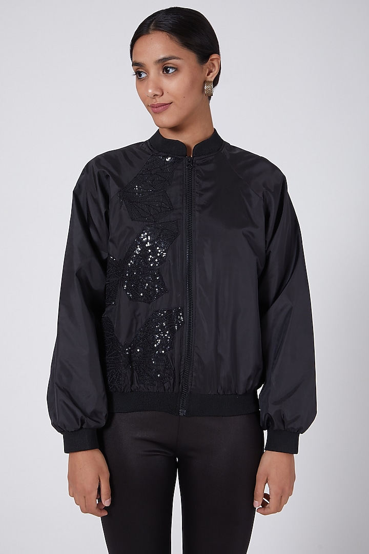 Black Hand Embellished Bomber Jacket by Ava Designs at Pernia's Pop Up Shop