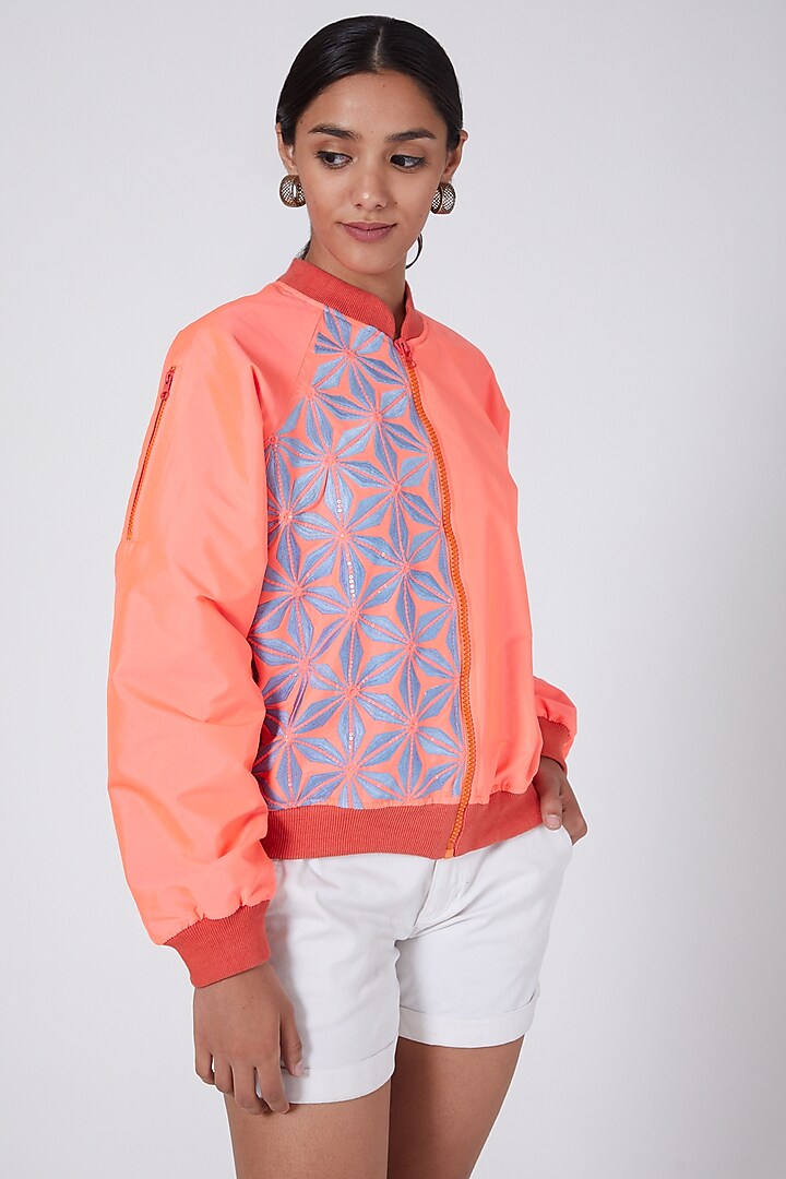 Pink Hand Embellished Bomber Jacket by Ava Designs at Pernia's Pop Up Shop