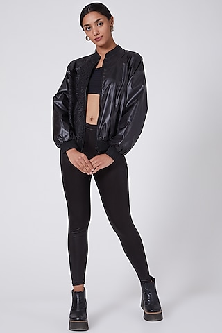 Black Satin Embroidered Bomber Jacket by Ava Designs