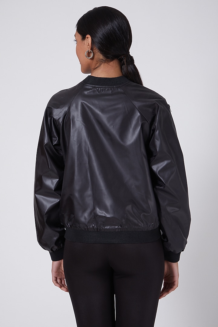 Black Satin Embroidered Bomber Jacket by Ava Designs at Pernia's Pop Up Shop
