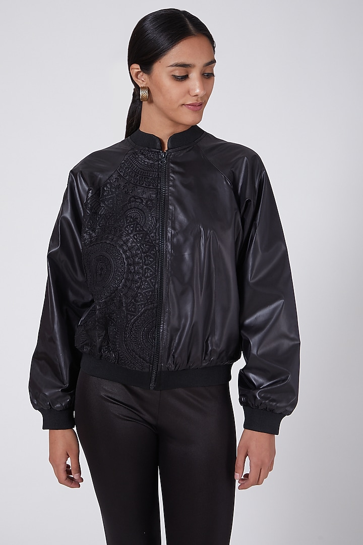 Black Satin Embroidered Bomber Jacket by Ava Designs at Pernia's Pop Up Shop