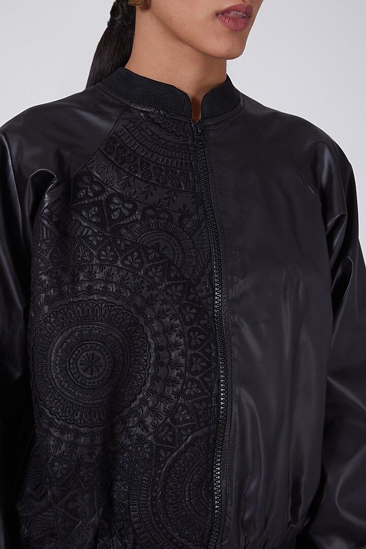 Black Satin Embroidered Bomber Jacket by Ava Designs at Pernia's Pop Up Shop
