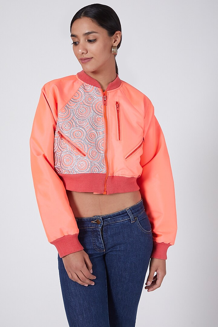Pink Taffeta Embroidered Bomber Jacket by Ava Designs at Pernia's Pop Up Shop