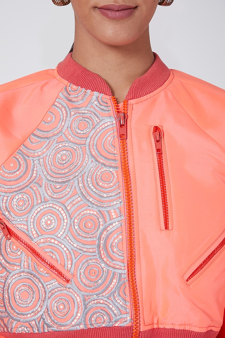 Pink Taffeta Embroidered Bomber Jacket by Ava Designs at Pernia's Pop Up Shop
