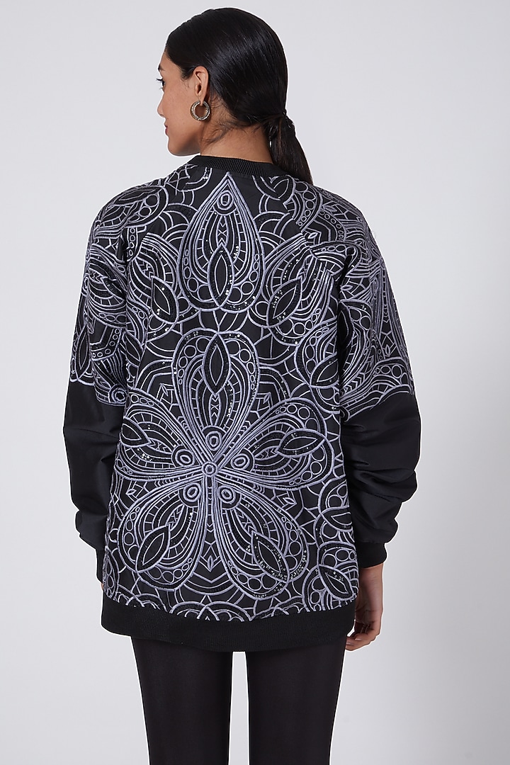 Black Taffeta Embroidered Bomber Jacket by Ava Designs at Pernia's Pop Up Shop