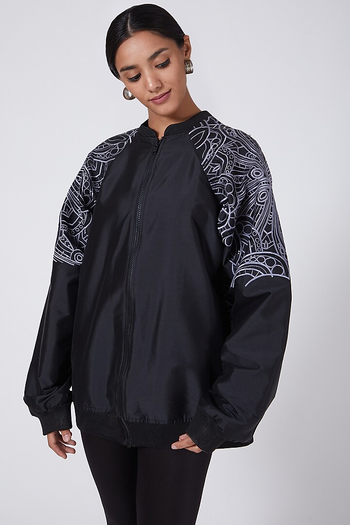 Black Taffeta Embroidered Bomber Jacket by Ava Designs at Pernia's Pop Up Shop