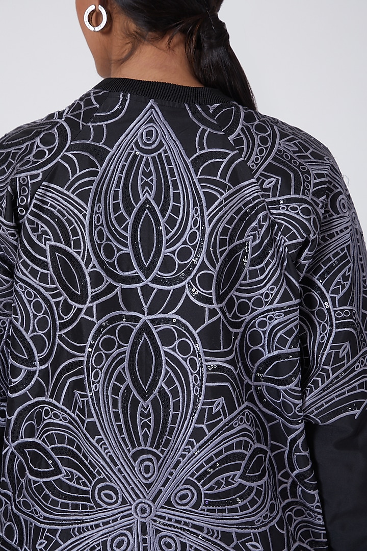 Black Taffeta Embroidered Bomber Jacket by Ava Designs at Pernia's Pop Up Shop