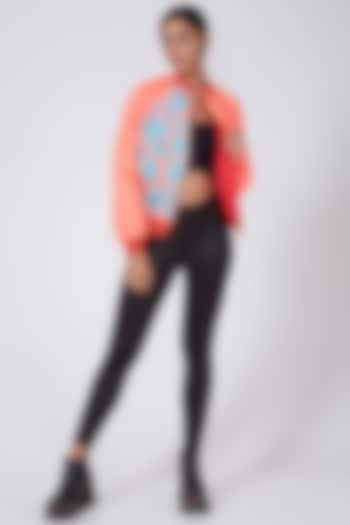 Pink & Powder Blue Embroidered Bomber Jacket by Ava Designs