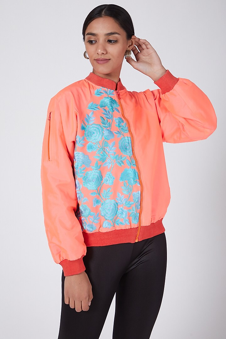 Pink & Powder Blue Embroidered Bomber Jacket by Ava Designs at Pernia's Pop Up Shop