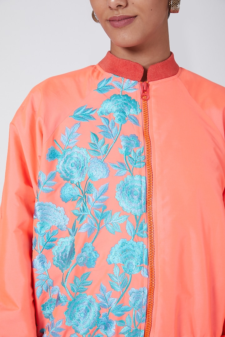 Pink & Powder Blue Embroidered Bomber Jacket by Ava Designs at Pernia's Pop Up Shop