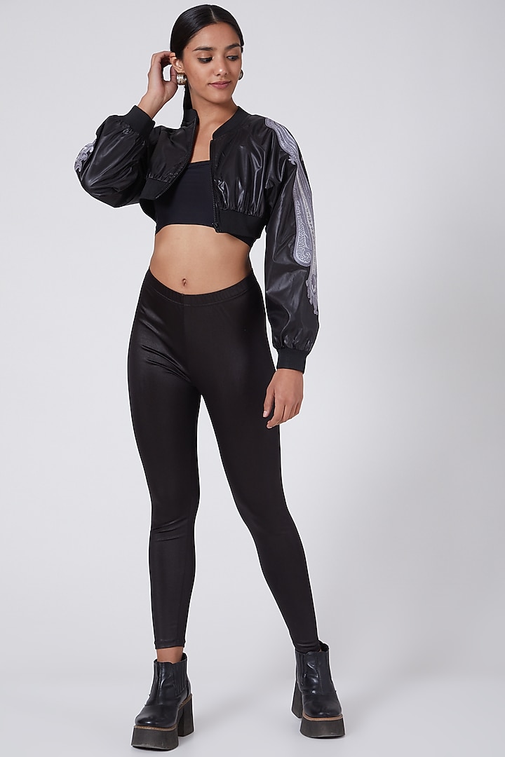 Black Crop Embroidered Bomber Jacket by Ava Designs