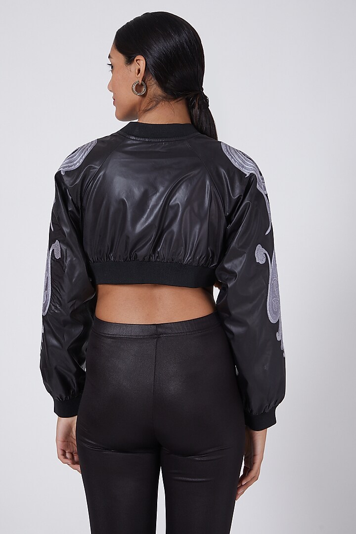 Black Crop Embroidered Bomber Jacket by Ava Designs at Pernia's Pop Up Shop
