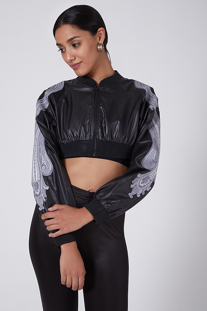 Black Crop Embroidered Bomber Jacket by Ava Designs at Pernia's Pop Up Shop