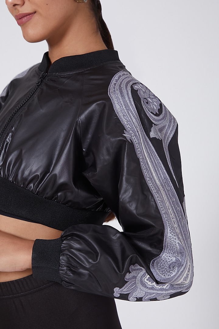 Black Crop Embroidered Bomber Jacket by Ava Designs at Pernia's Pop Up Shop