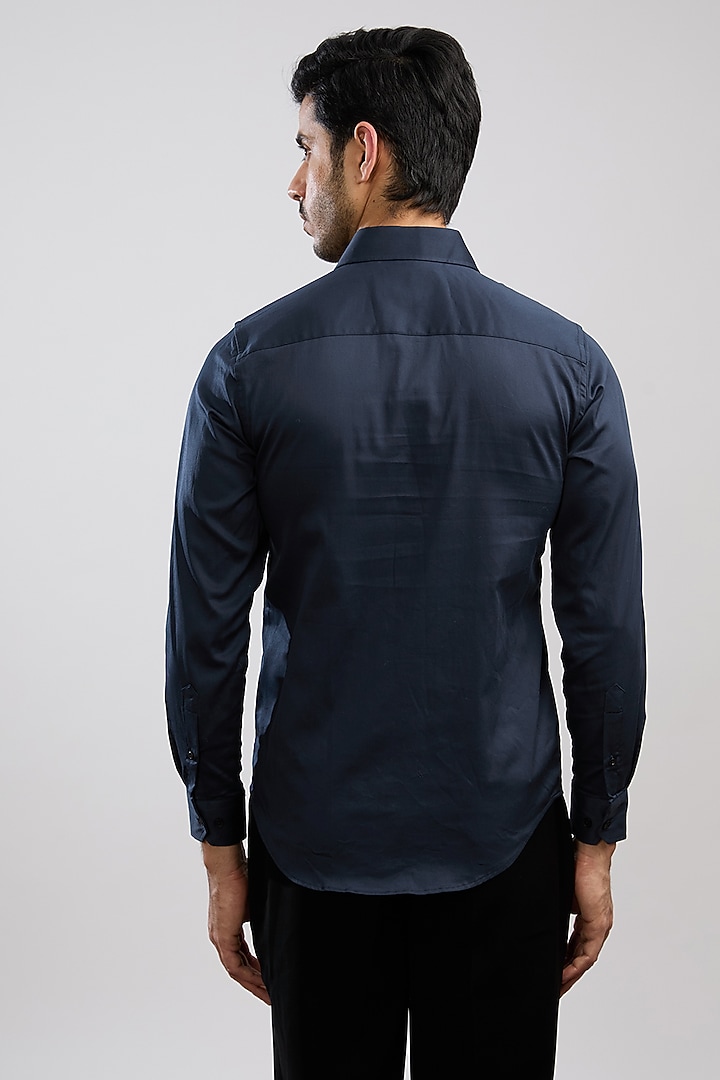 Navy Blue Giza Cotton Blend Hand Painted Party Wear Shirt by AVALIPT at Pernia's Pop Up Shop