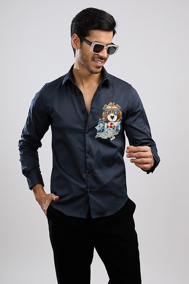 Navy Blue Giza Cotton Blend Hand Painted Party Wear Shirt by AVALIPT at Pernia's Pop Up Shop