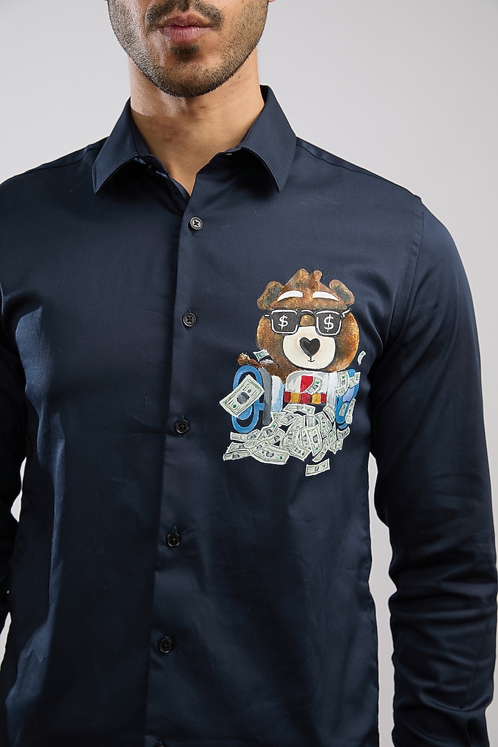 Navy Blue Giza Cotton Blend Hand Painted Party Wear Shirt by AVALIPT at Pernia's Pop Up Shop