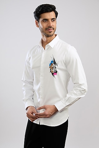 White Giza Cotton Blend Hand Painted Shirt by AVALIPT