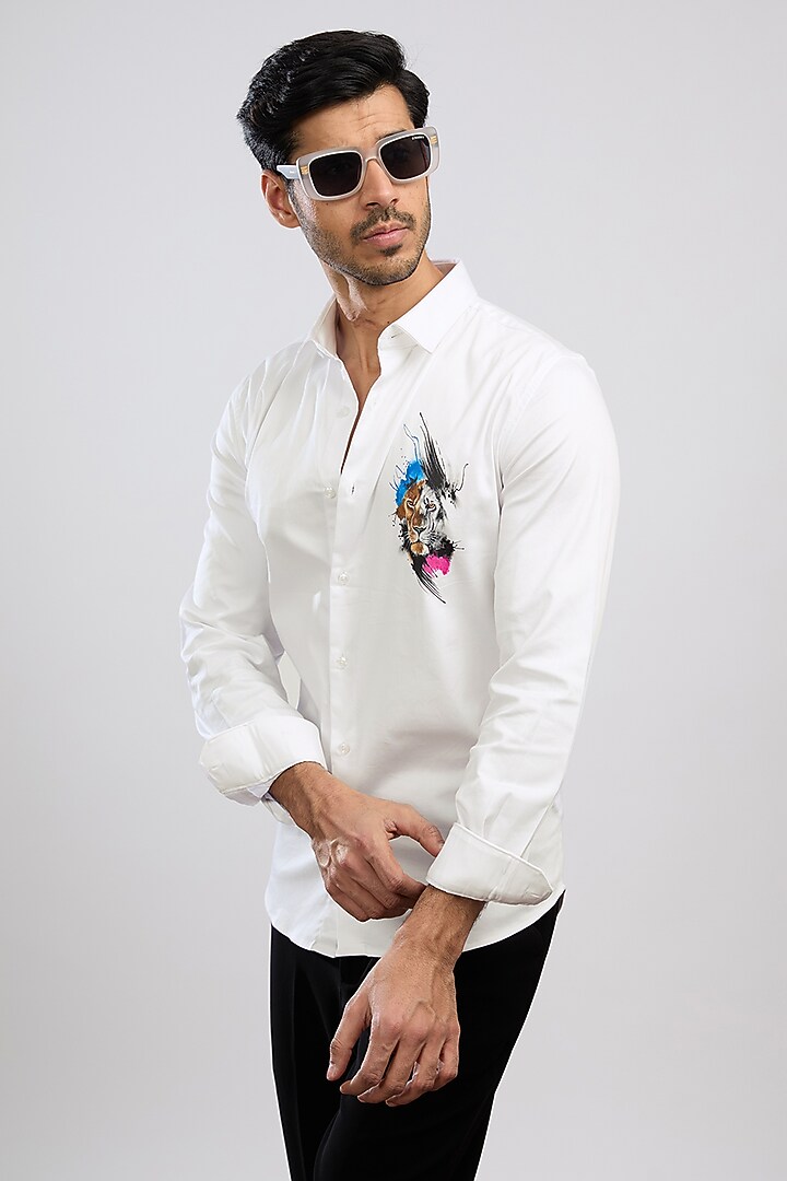 White Giza Cotton Blend Hand Painted Summer Shirt by AVALIPT at Pernia's Pop Up Shop