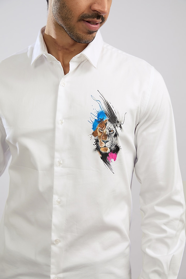White Giza Cotton Blend Hand Painted Summer Shirt by AVALIPT at Pernia's Pop Up Shop